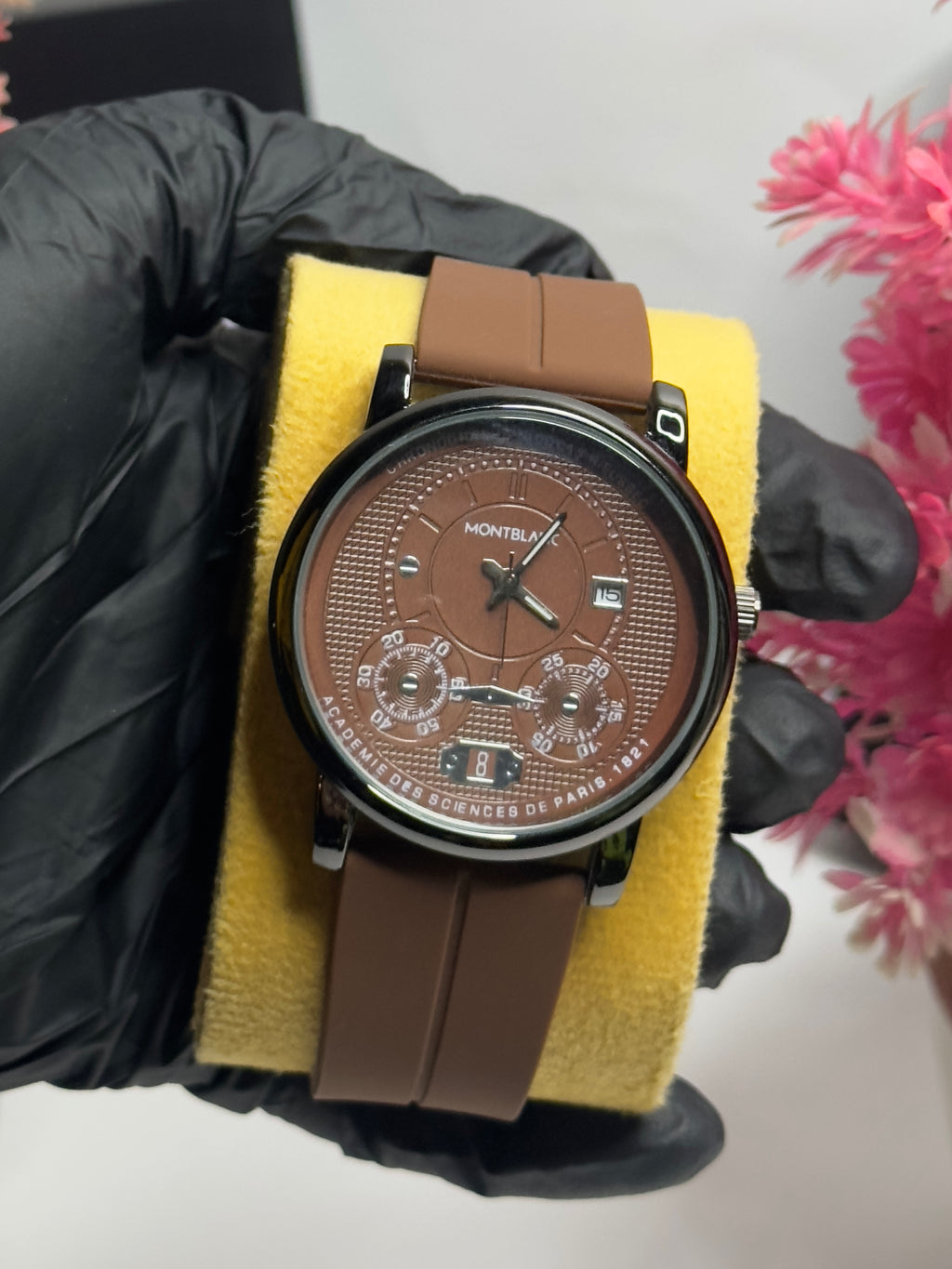 Montblanc-Inspired Brown Dial Multifunction Watch – Rubber Strap | Men’s Luxury Timepiece