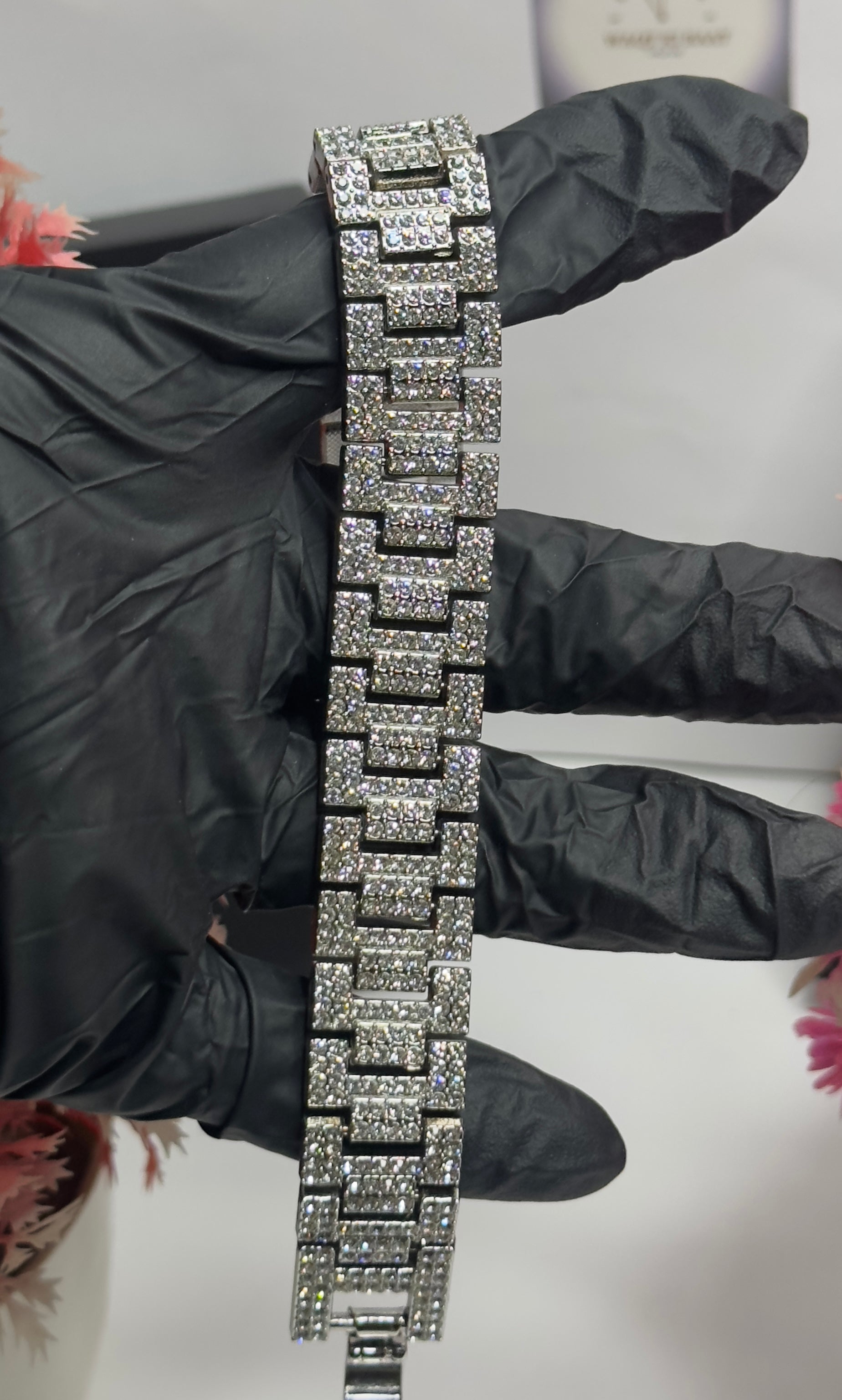Luxury Iced-Out Silver Cuban Link Bracelet – Fully Rhinestone Encrusted