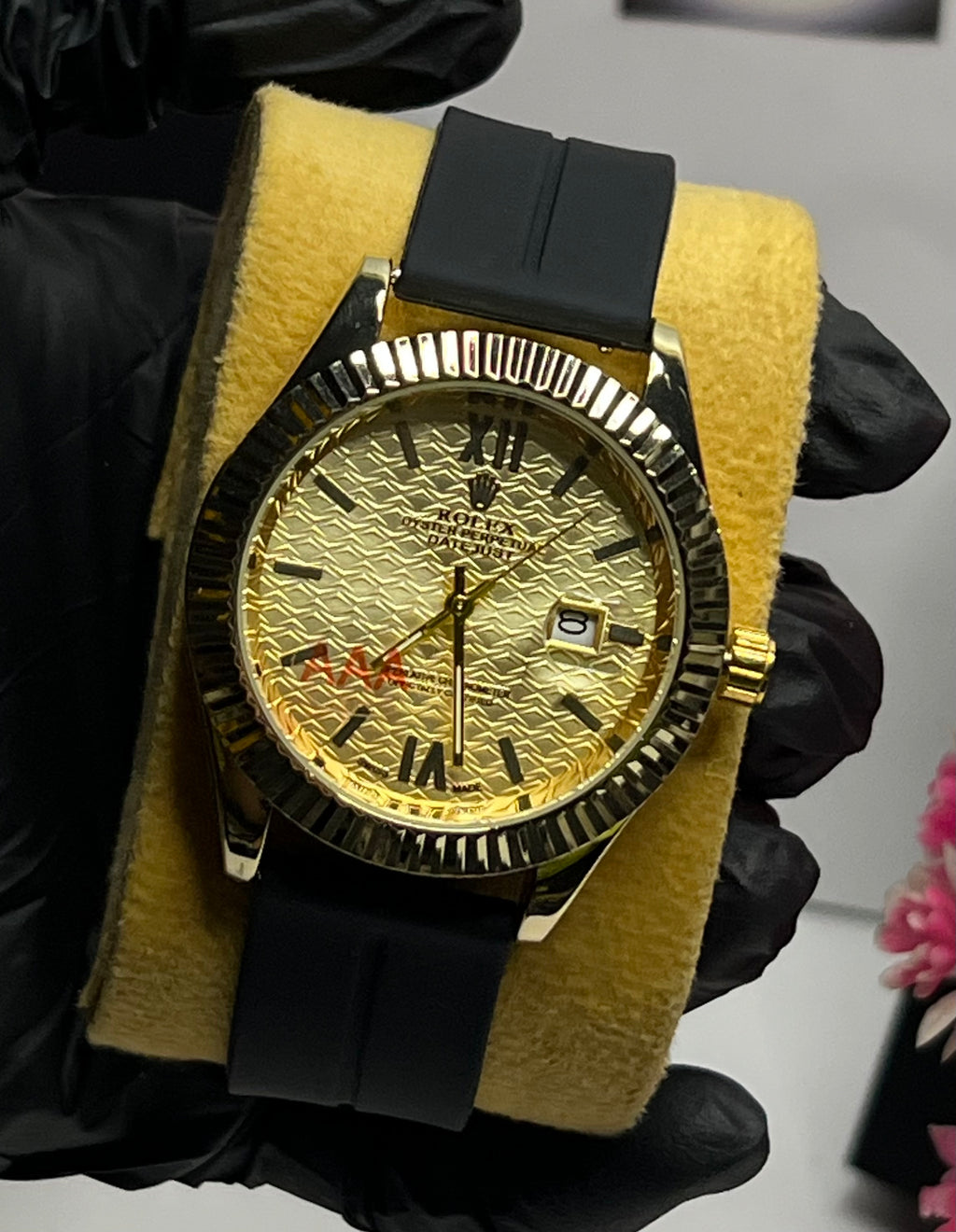 Rolex Watch with Date | Golden Dial | Black Strap |