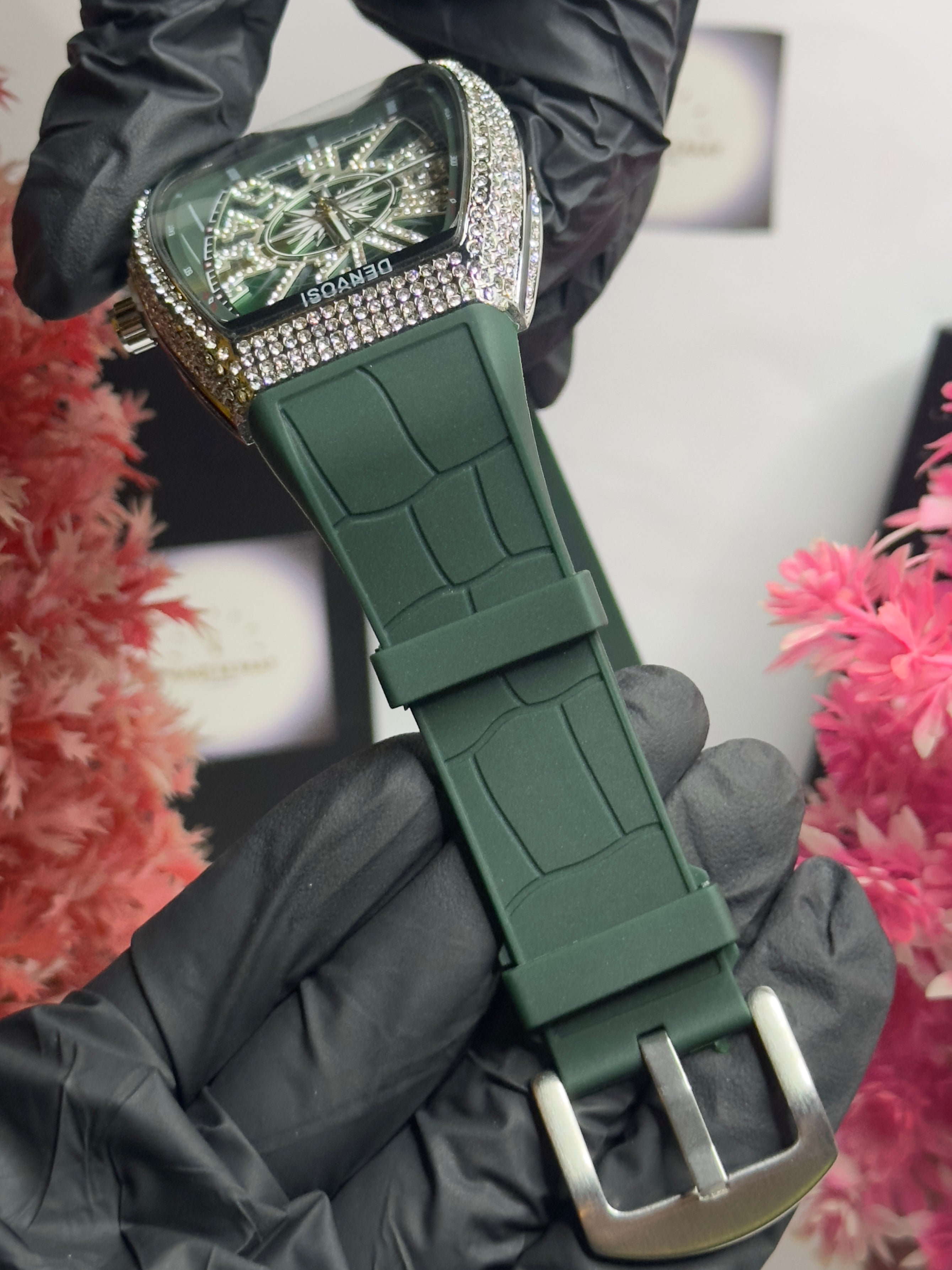 Luxury Green Tonneau Crystal Watch with Diamond Bezel & Rubber Strap – Denvosi Quare Series