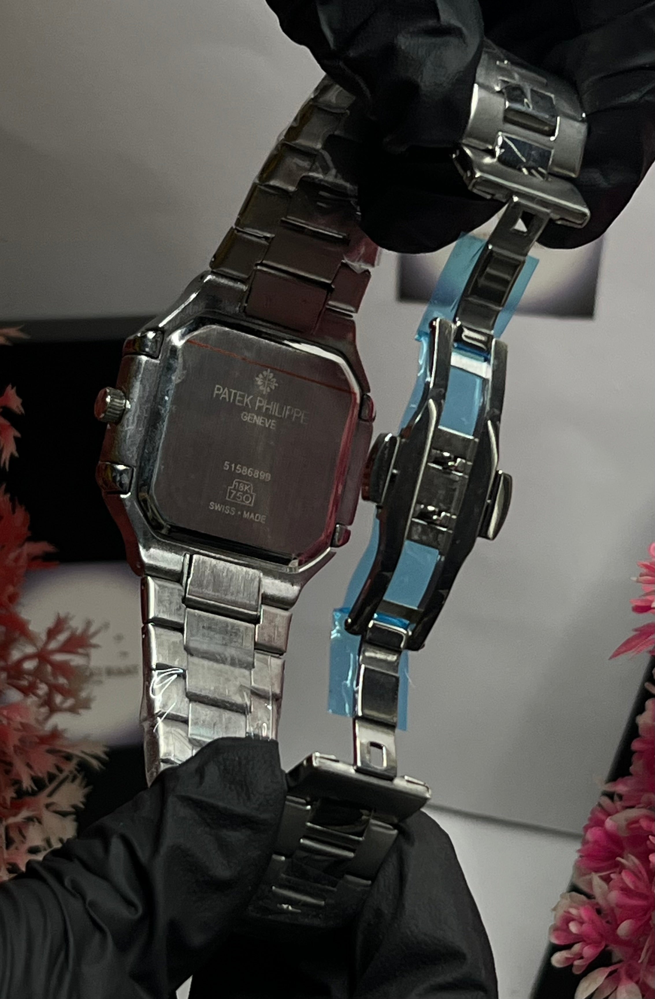 Patek Philippe With Date | Silver Chain | Black Dial | TitanSquare Modern Steel Wristwatch |