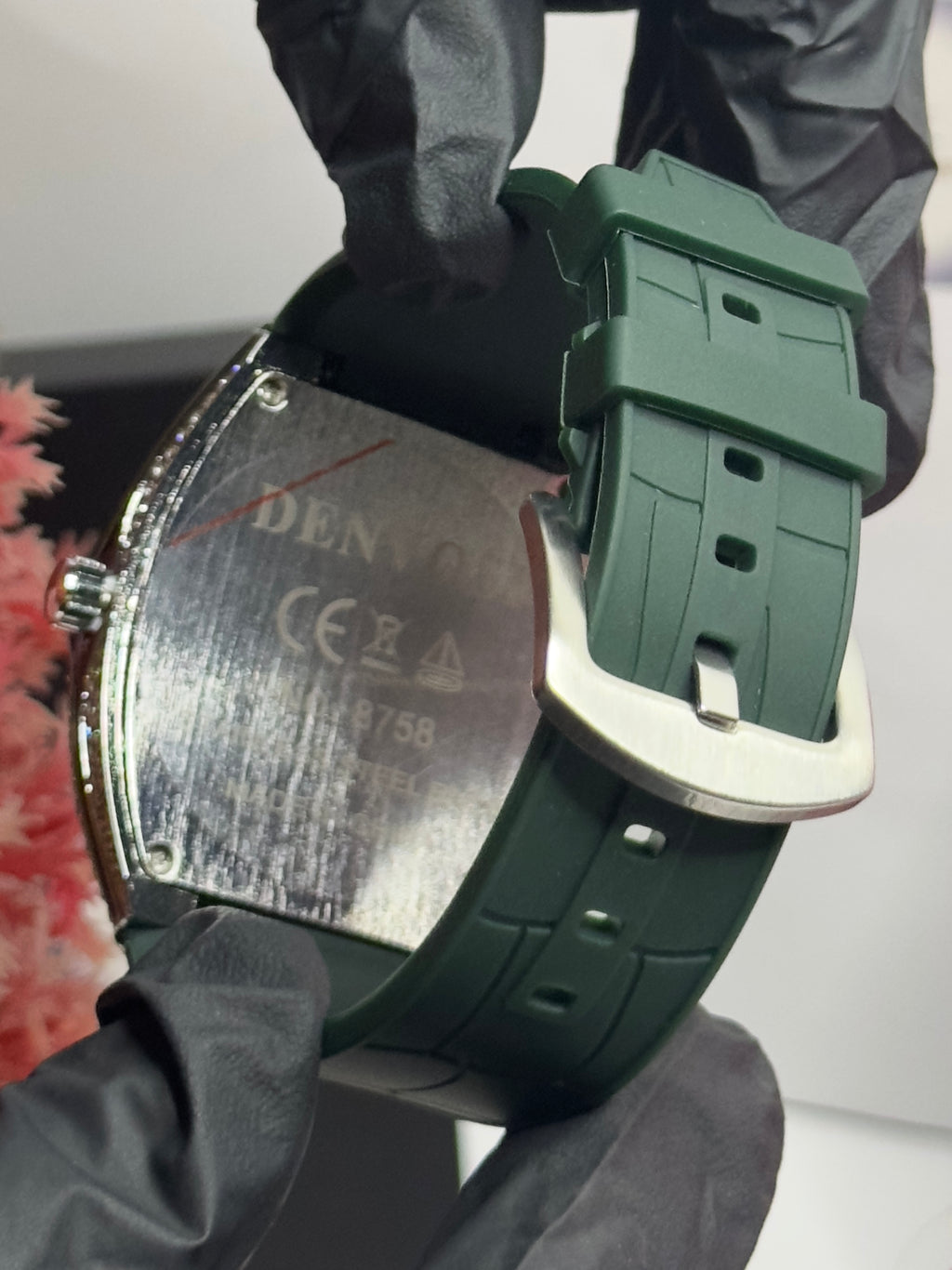 Luxury Green Tonneau Crystal Watch with Diamond Bezel & Rubber Strap – Denvosi Quare Series
