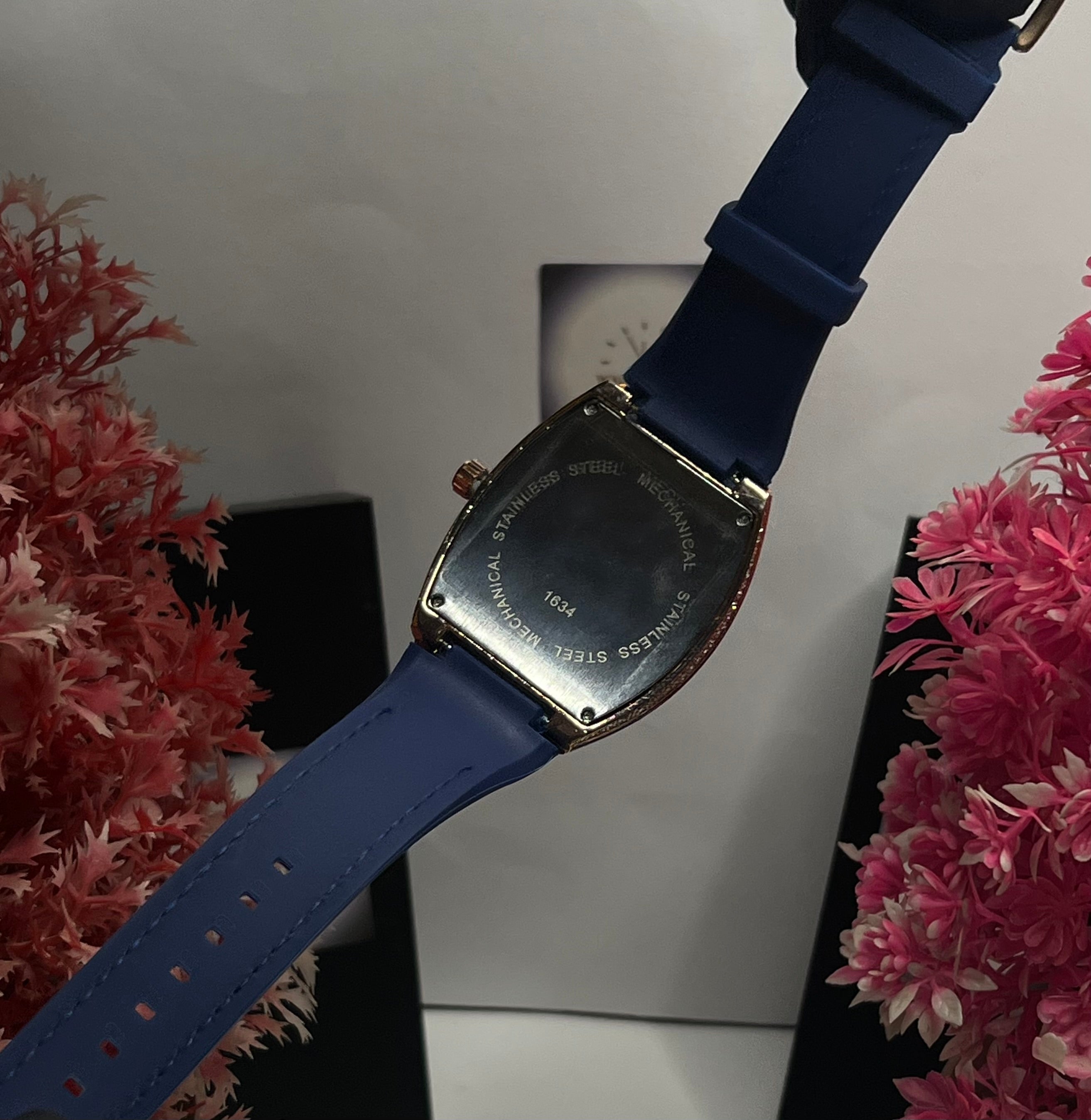 FM Luxury Gold Diamond Watch with Blue Leather Strap