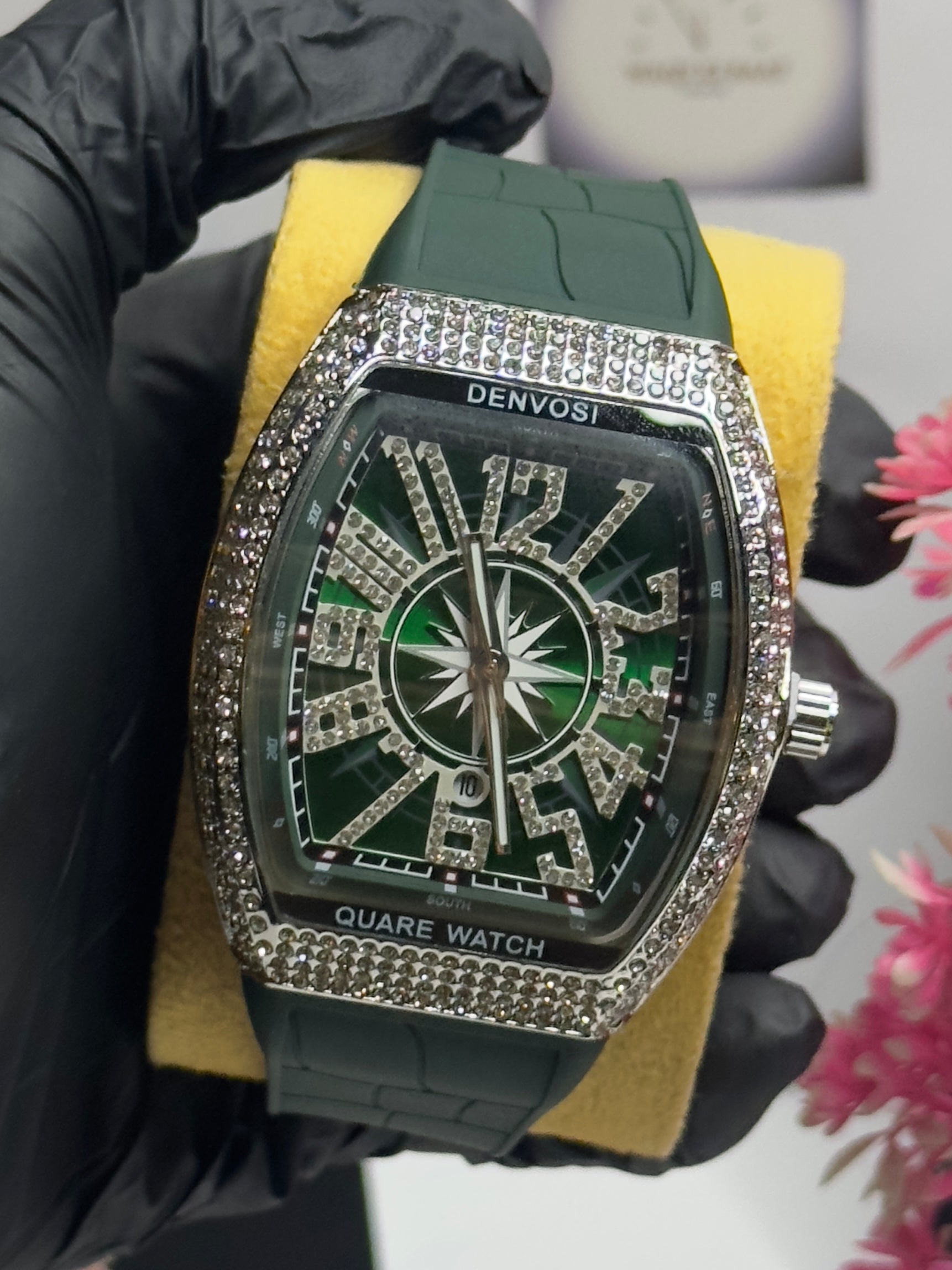 Luxury Green Tonneau Crystal Watch with Diamond Bezel & Rubber Strap – Denvosi Quare Series