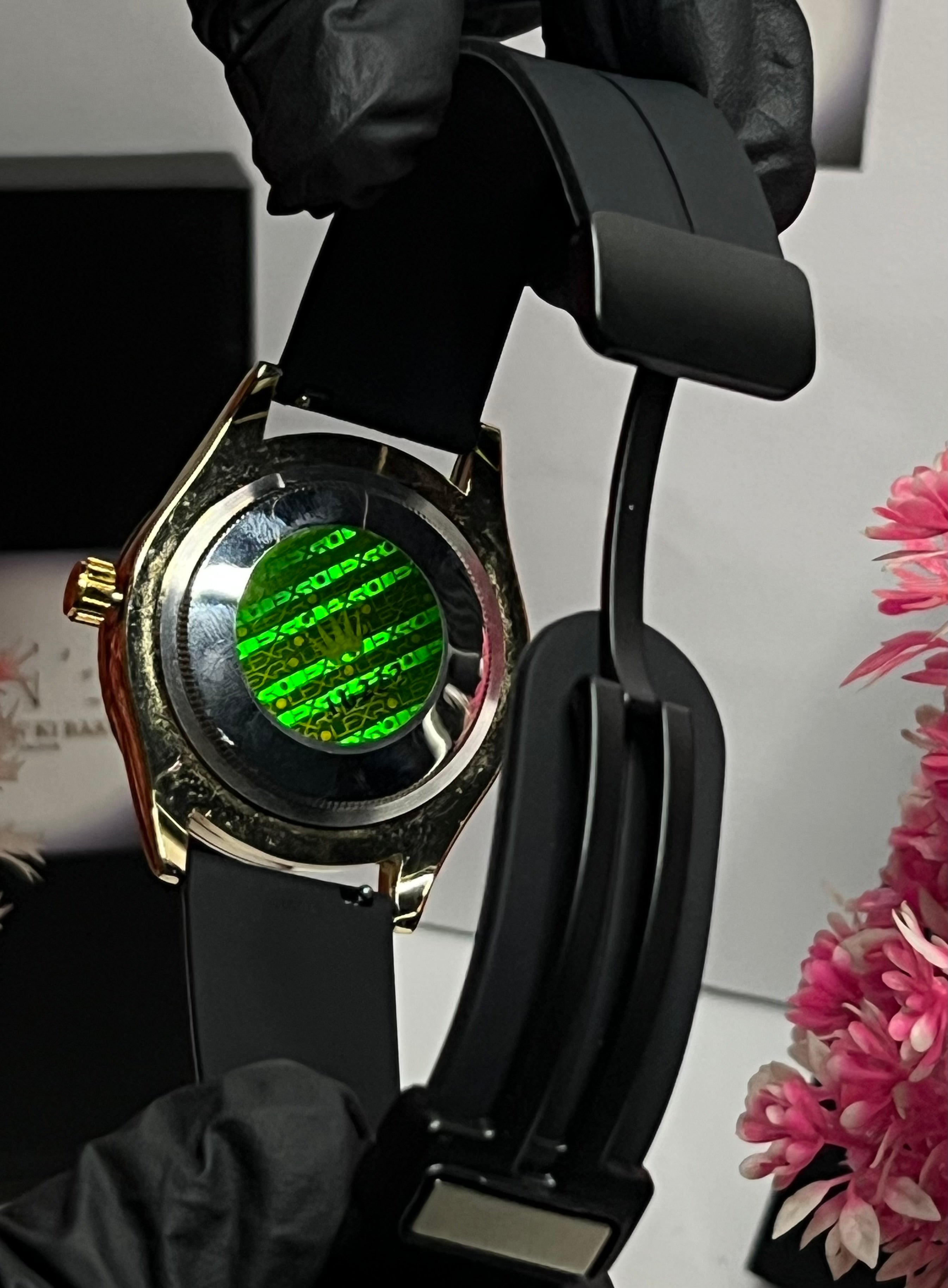 Rolex Watch with Date | Golden Dial | Black Strap |