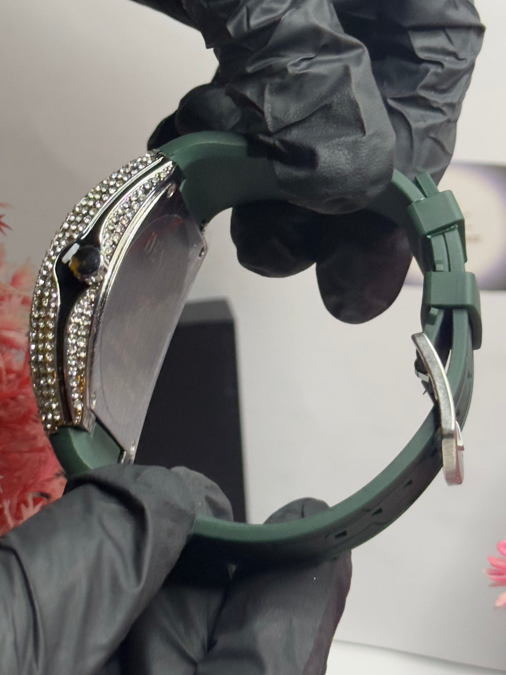 Luxury Green Tonneau Crystal Watch with Diamond Bezel & Rubber Strap – Denvosi Quare Series