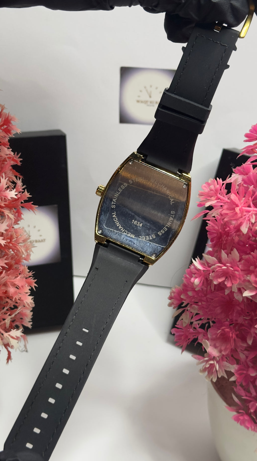 FM Luxury Gold Tonneau Dial Watch with Full Crystal Face & Black Leather Strap