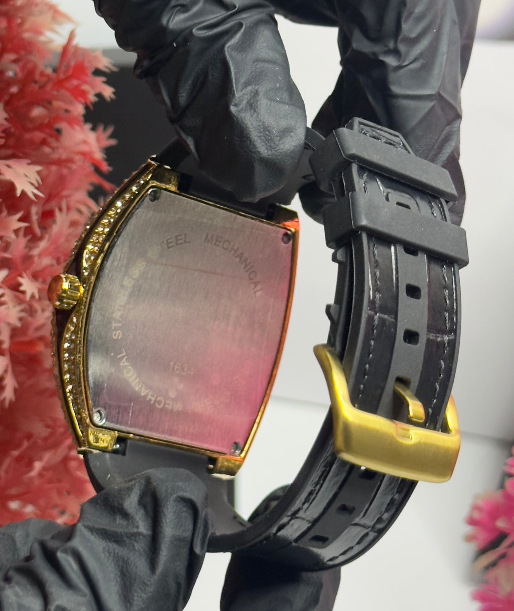 FM Luxury Gold Tonneau Dial Watch with Full Crystal Face & Black Leather Strap