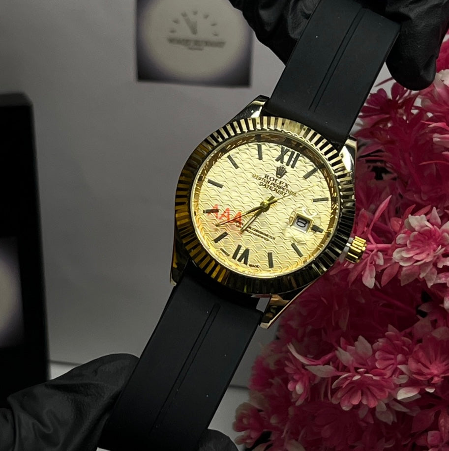 Rolex Watch with Date | Golden Dial | Black Strap |