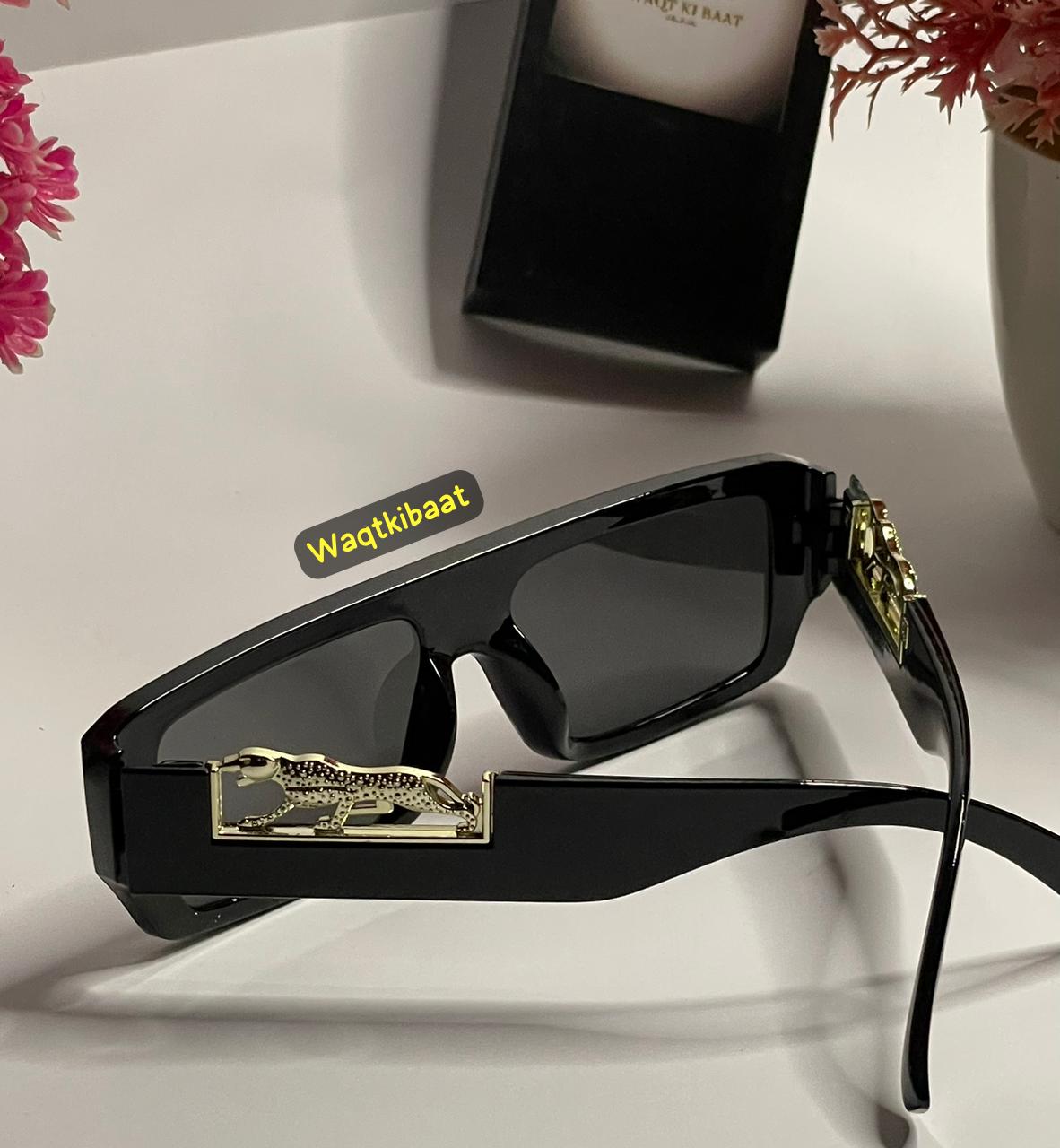 Luxury Black Panther Temple Shield Sunglasses – High-Gloss Frame & Dark Lenses