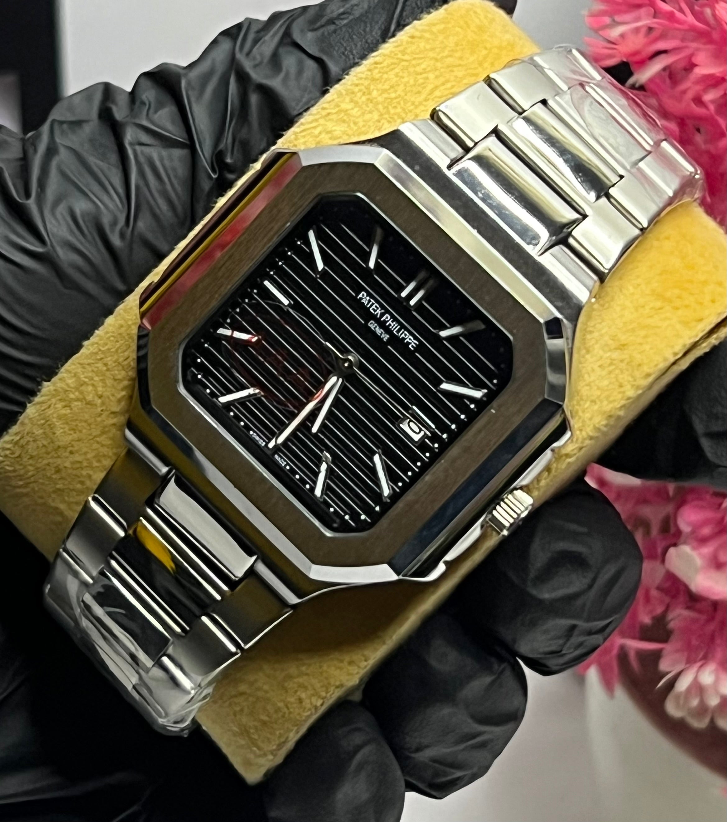 Patek Philippe With Date | Silver Chain | Black Dial | TitanSquare Modern Steel Wristwatch |