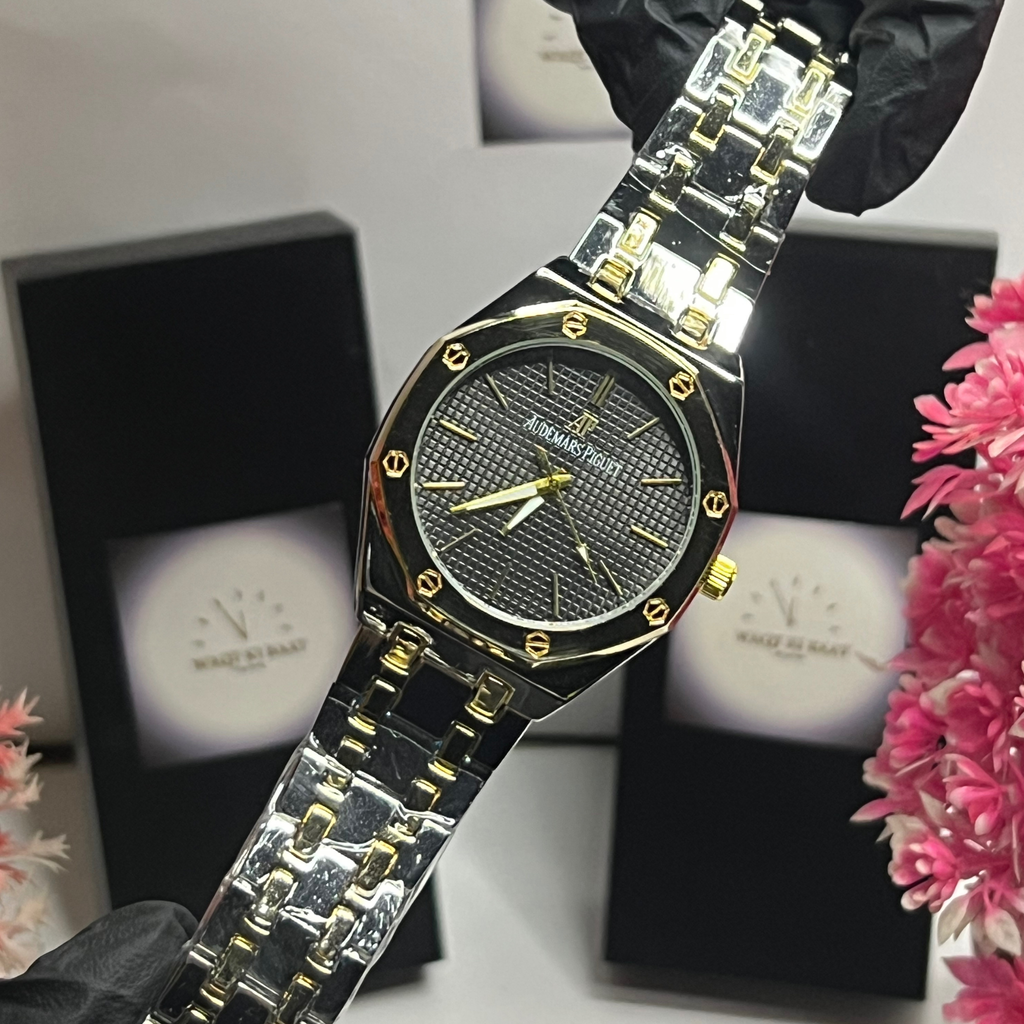 AP Luxury Two-Tone Classic Stainless Steel Watch – Black Textured Dial