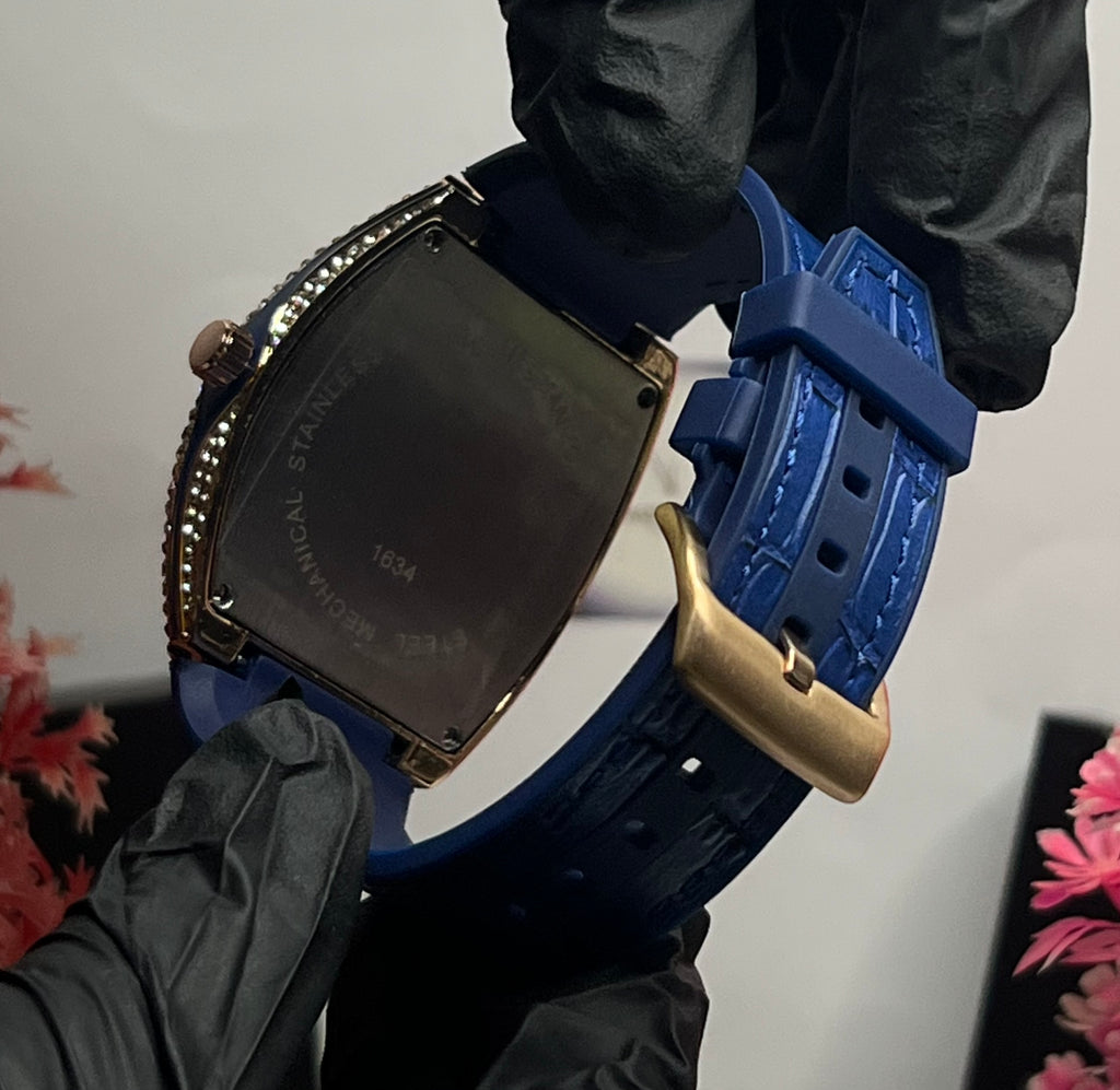 FM Luxury Gold Diamond Watch with Blue Leather Strap