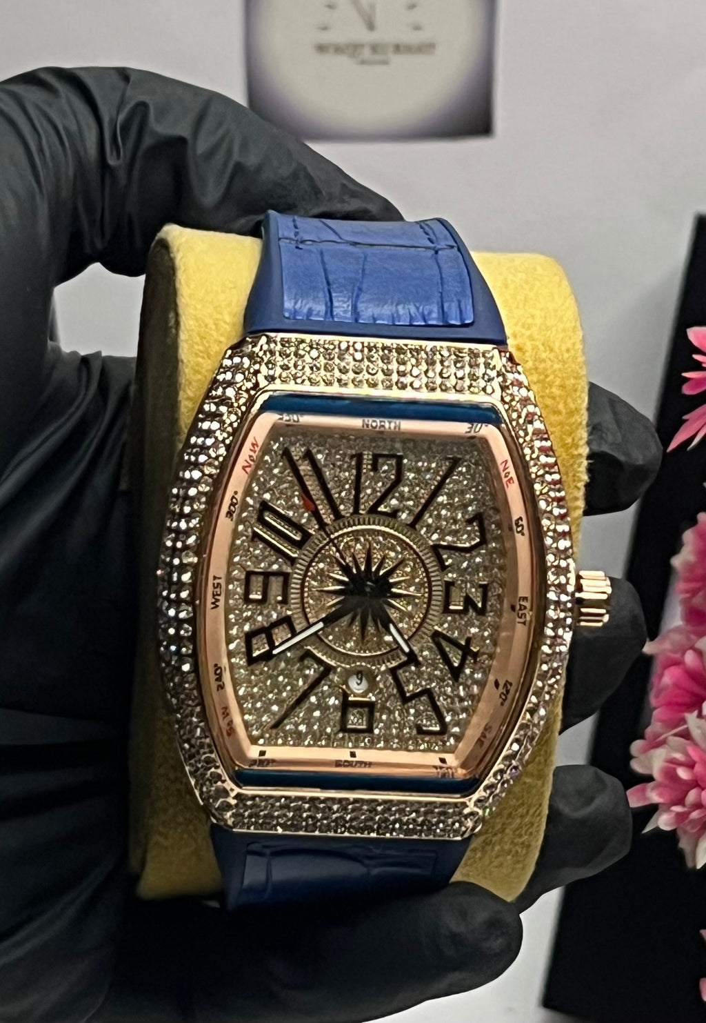 FM Luxury Gold Diamond Watch with Blue Leather Strap