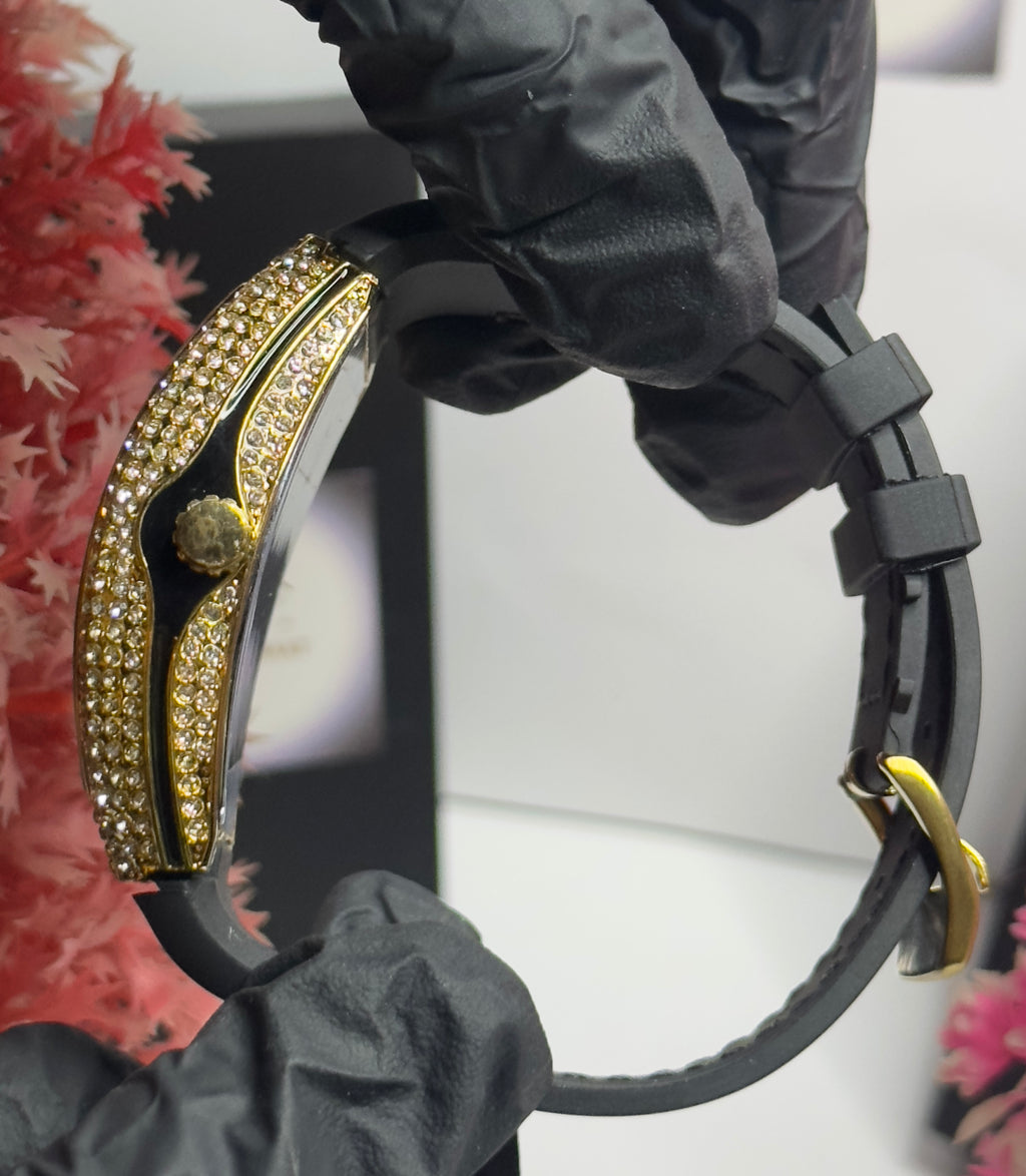 FM Luxury Gold Tonneau Dial Watch with Full Crystal Face & Black Leather Strap