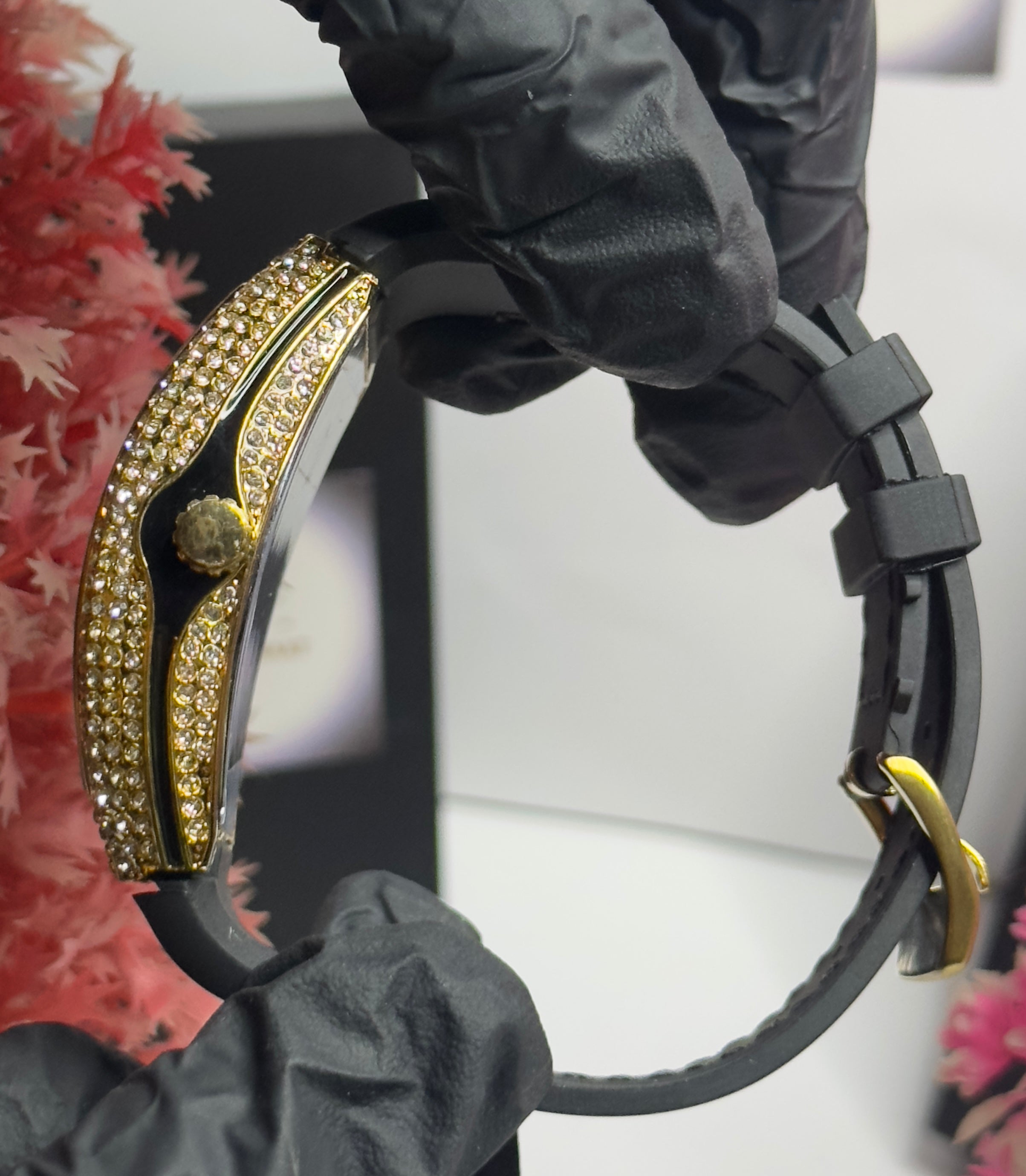 FM Luxury Gold Tonneau Dial Watch with Full Crystal Face & Black Leather Strap