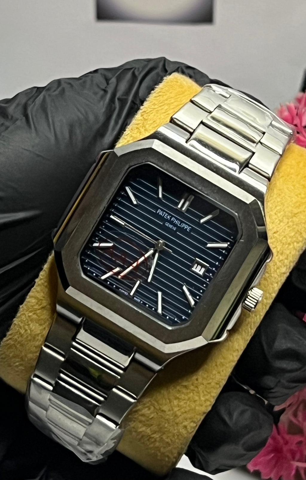 Patek Philippe With Date | Silver Chain | Blue Dial | TitanSquare Modern Steel Wristwatch |