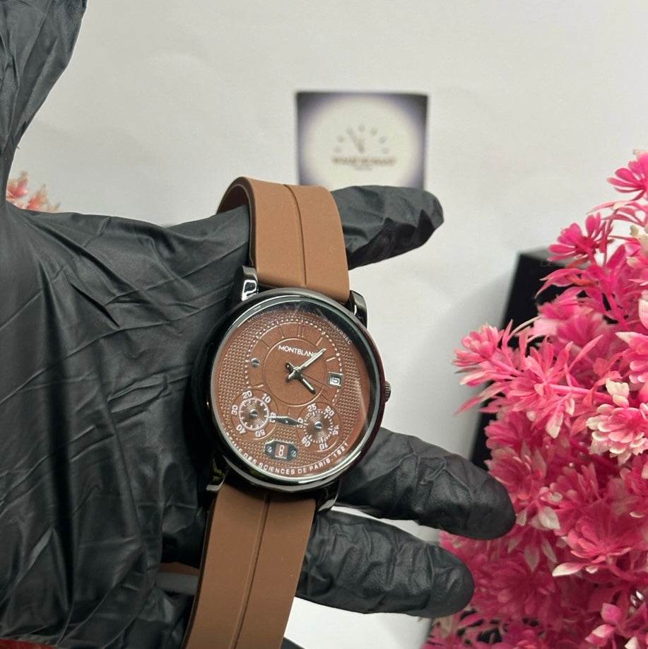 Montblanc-Inspired Brown Dial Multifunction Watch – Rubber Strap | Men’s Luxury Timepiece