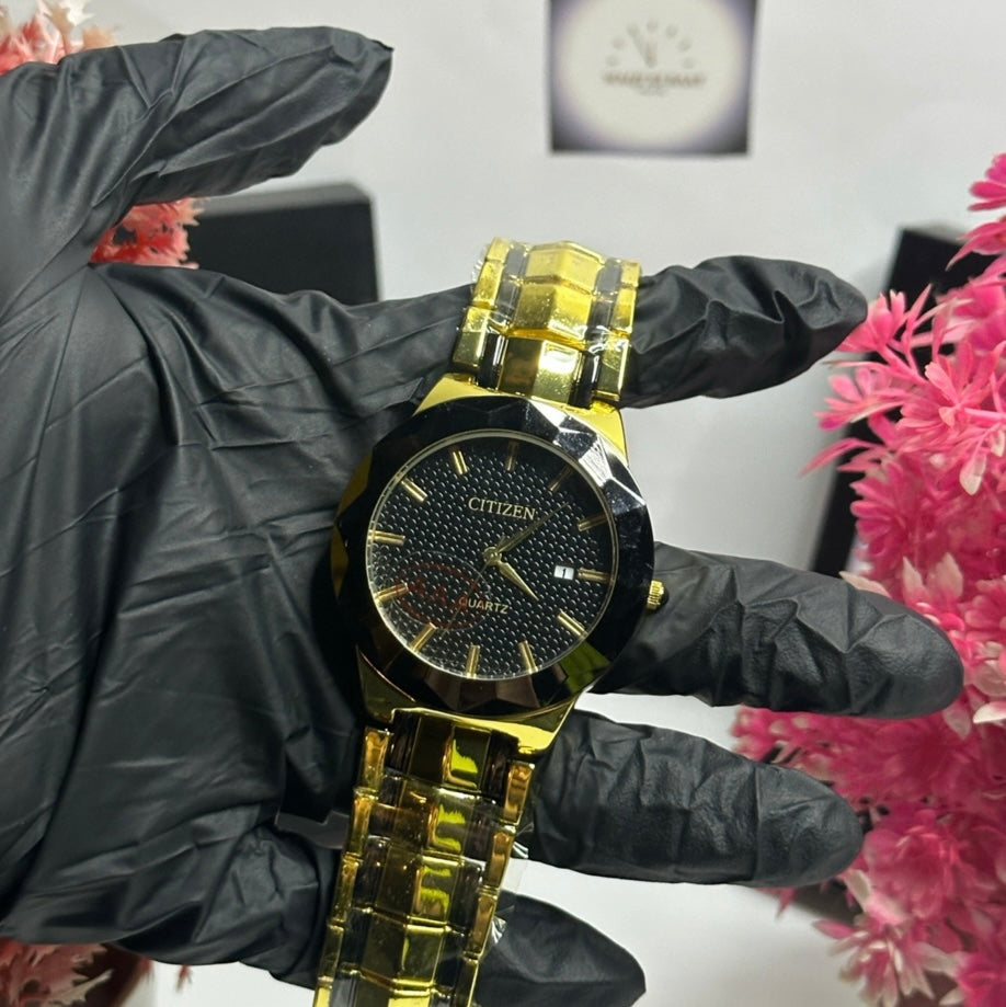 Gold Luxury Citizen-Style Quartz Watch for Men – Black Textured Dial | Elegant Metal Bracelet