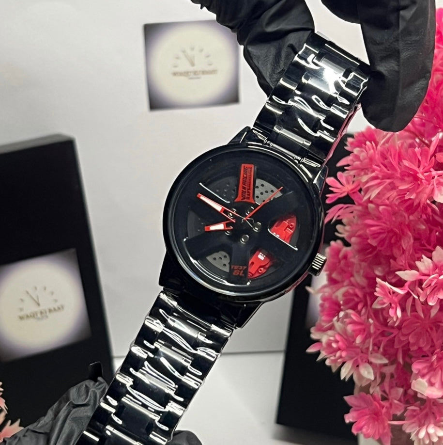 Black Steel Sport Watch – Red Brake-Caliper Dial | Motorsport Inspired |