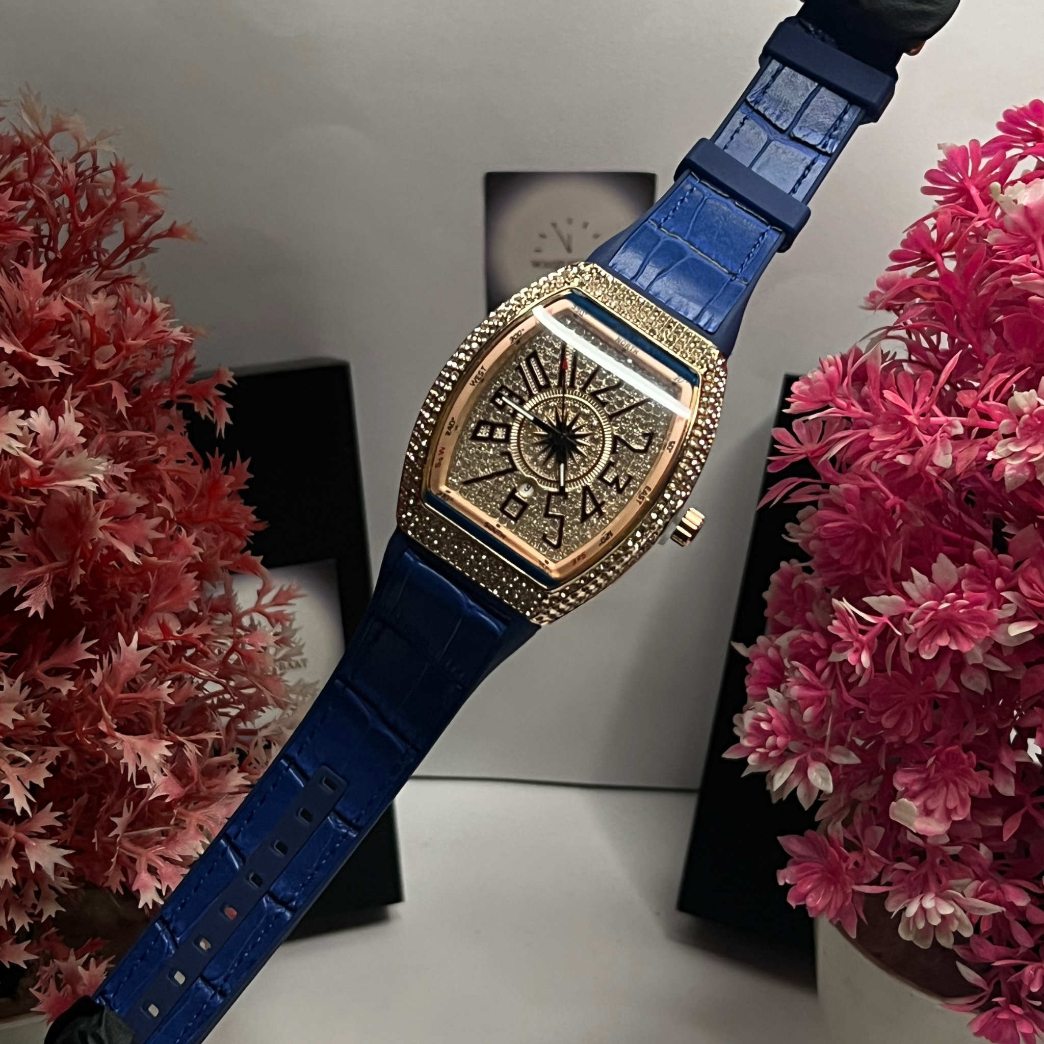 FM Luxury Gold Diamond Watch with Blue Leather Strap