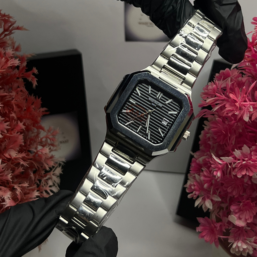 Patek Philippe With Date | Silver Chain | Black Dial | TitanSquare Modern Steel Wristwatch |