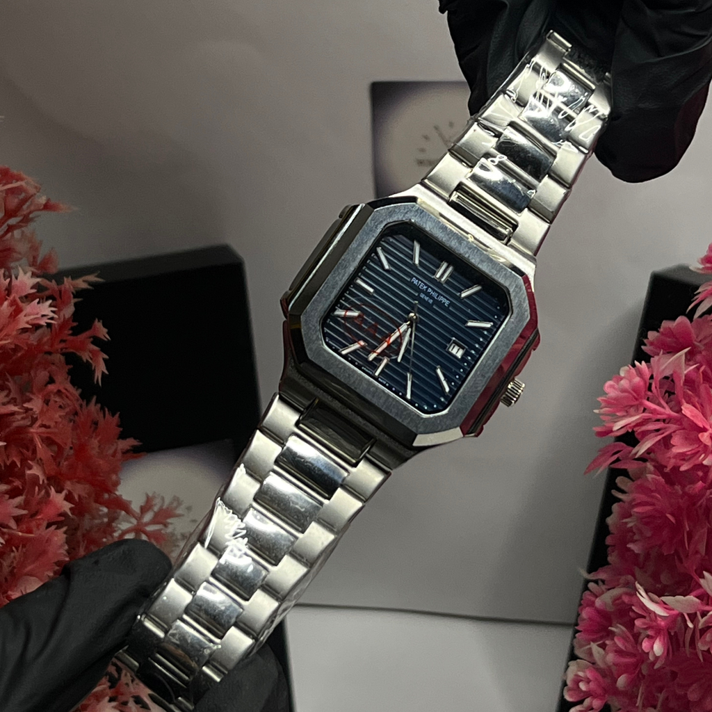 Patek Philippe With Date | Silver Chain | Blue Dial | TitanSquare Modern Steel Wristwatch |