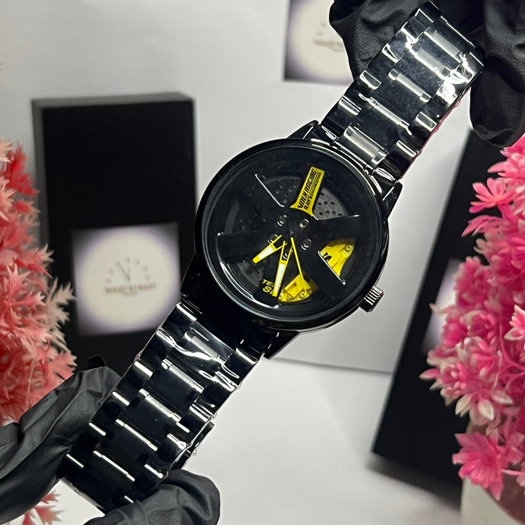 Black Steel Sport Watch – Yellow Brake-Caliper Dial | Motorsport Inspired |