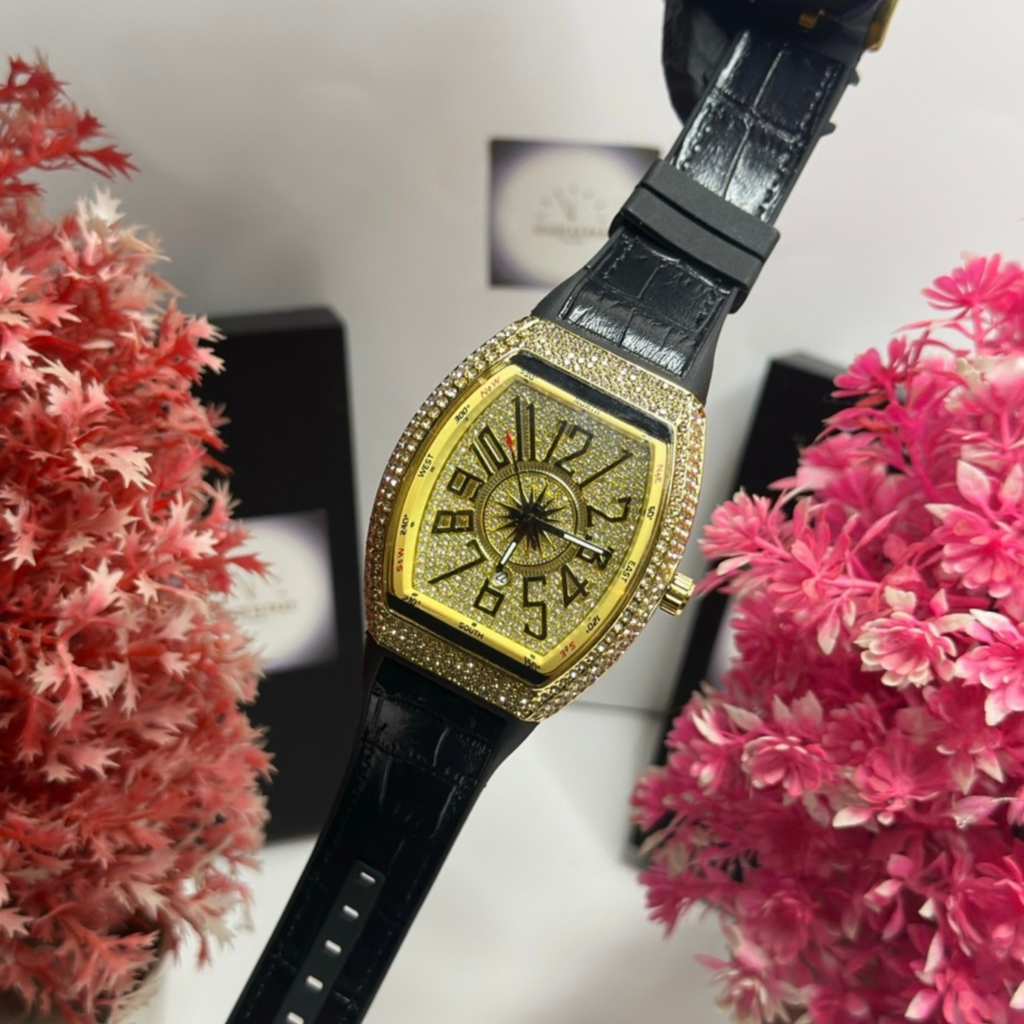 FM Luxury Gold Tonneau Dial Watch with Full Crystal Face & Black Leather Strap