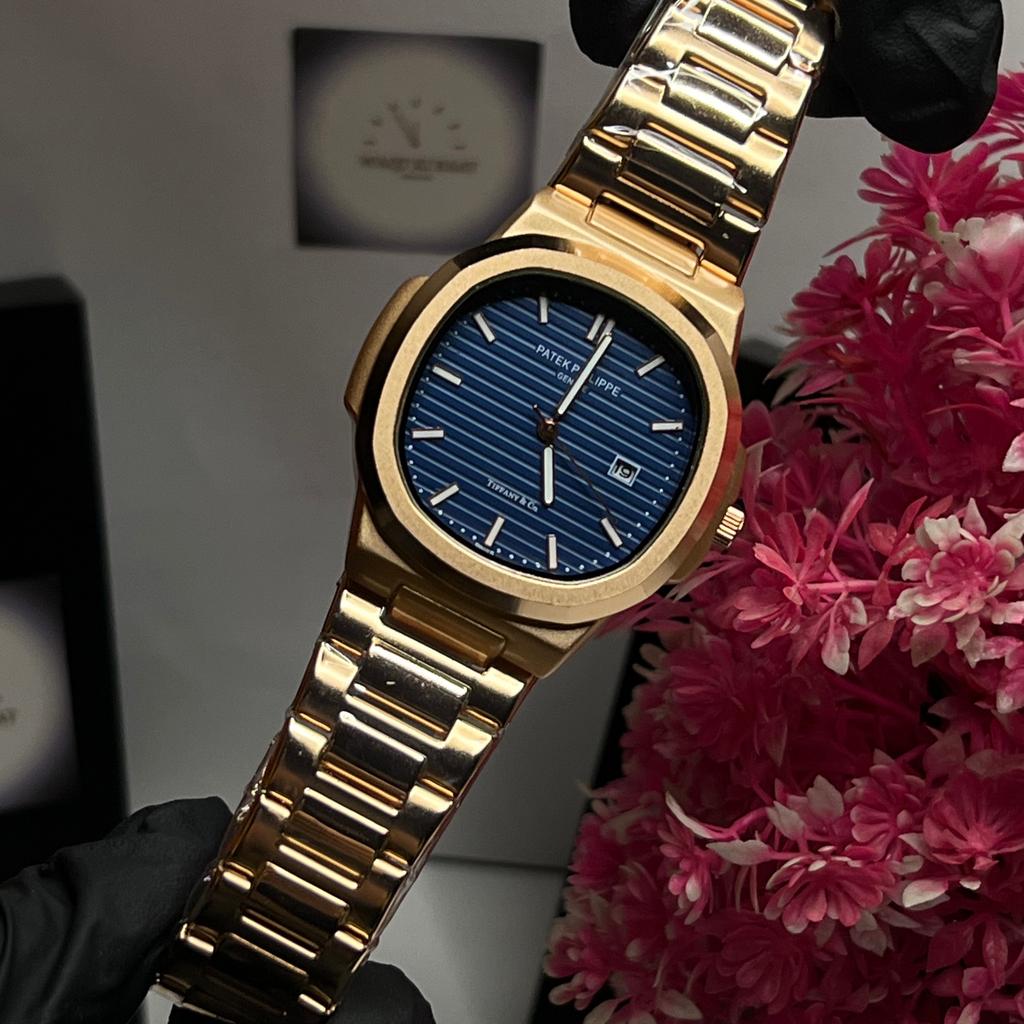 Patek Philippe Luxury Steel Watch with Blue Textured Dial – Classic Date Display