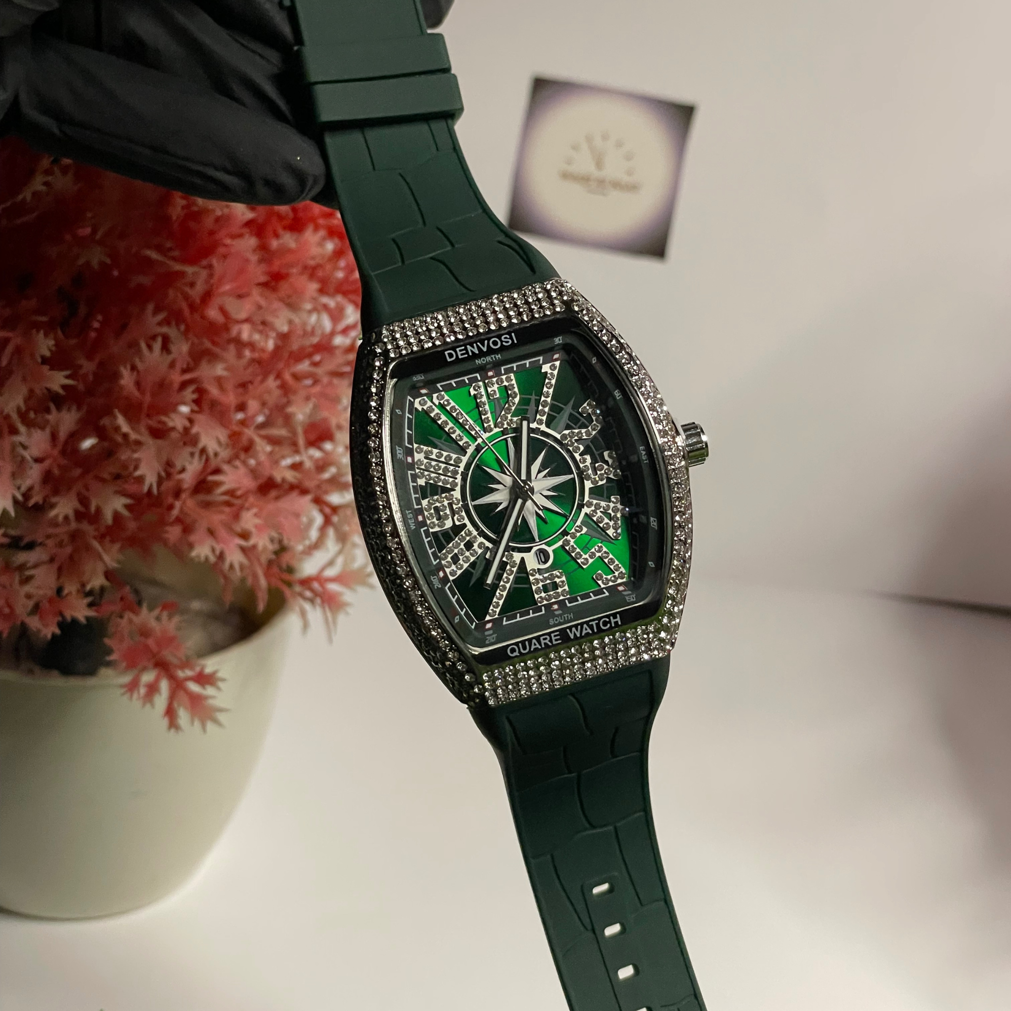 Luxury Green Tonneau Crystal Watch with Diamond Bezel & Rubber Strap – Denvosi Quare Series