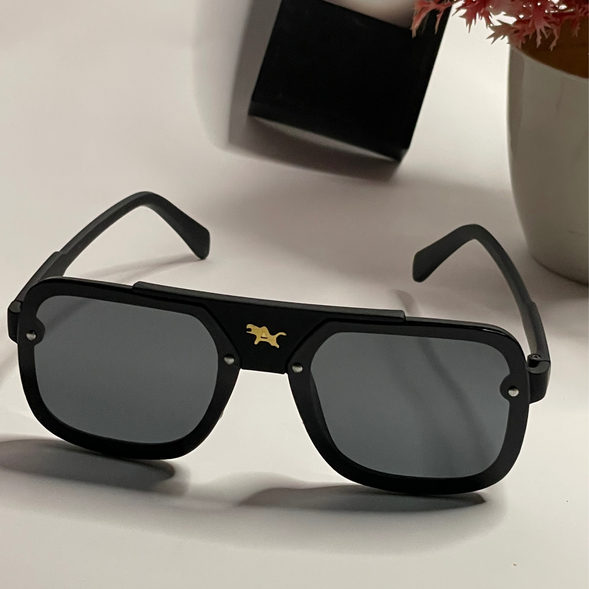 Matte Black Aviator Sunglasses – Premium Panther Emblem Edition