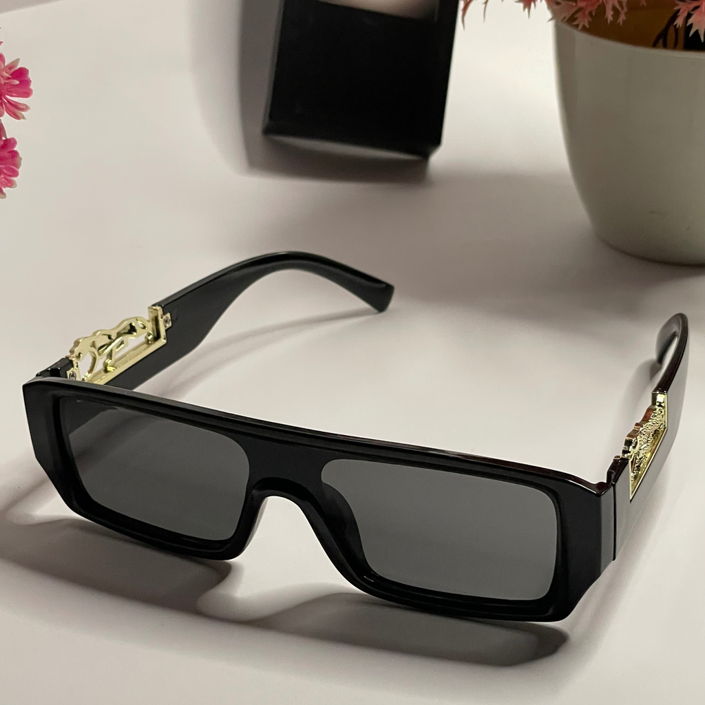 Luxury Black Panther Temple Shield Sunglasses – High-Gloss Frame & Dark Lenses